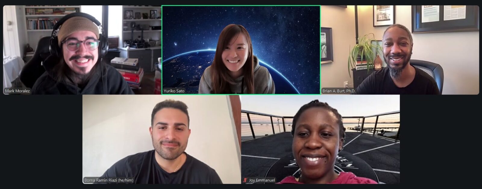 A Zoom meeting screenshot of Dr. Brian A. Burt with Wei Lab advisees. Top row, left to right: Mark Moralez, Yuriko Sato, Dr. Burt; Bottom row, left to right: Borna Riazi and Joy Emmanuel.